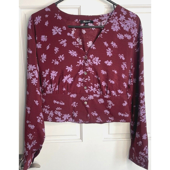 Madewell Women's Sz M V-Neck Button Front Shirt Cropped Cabernet Floral Top - Picture 1 of 12